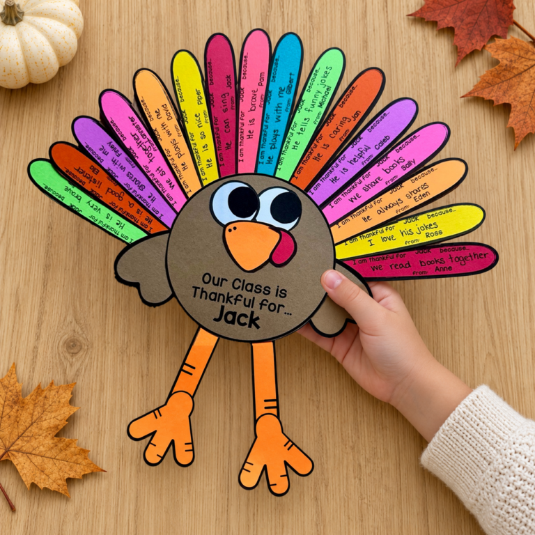 A hand holding a round class thankful turkey with colorful friendship feathers and the sample name Jack.