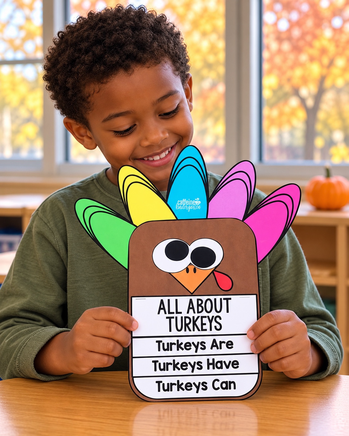 Child holding an All About Turkeys flipbook craft with colorful feathers and three labeled writing flaps.