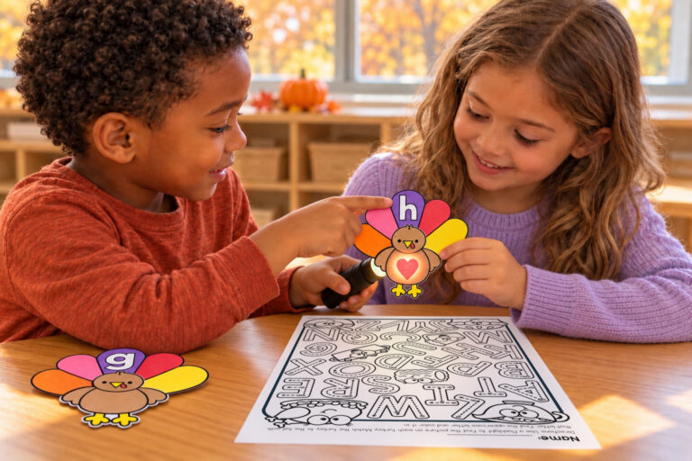 Two children reveal a heart picture with a flashlight and match the turkey to a lowercase h tail.