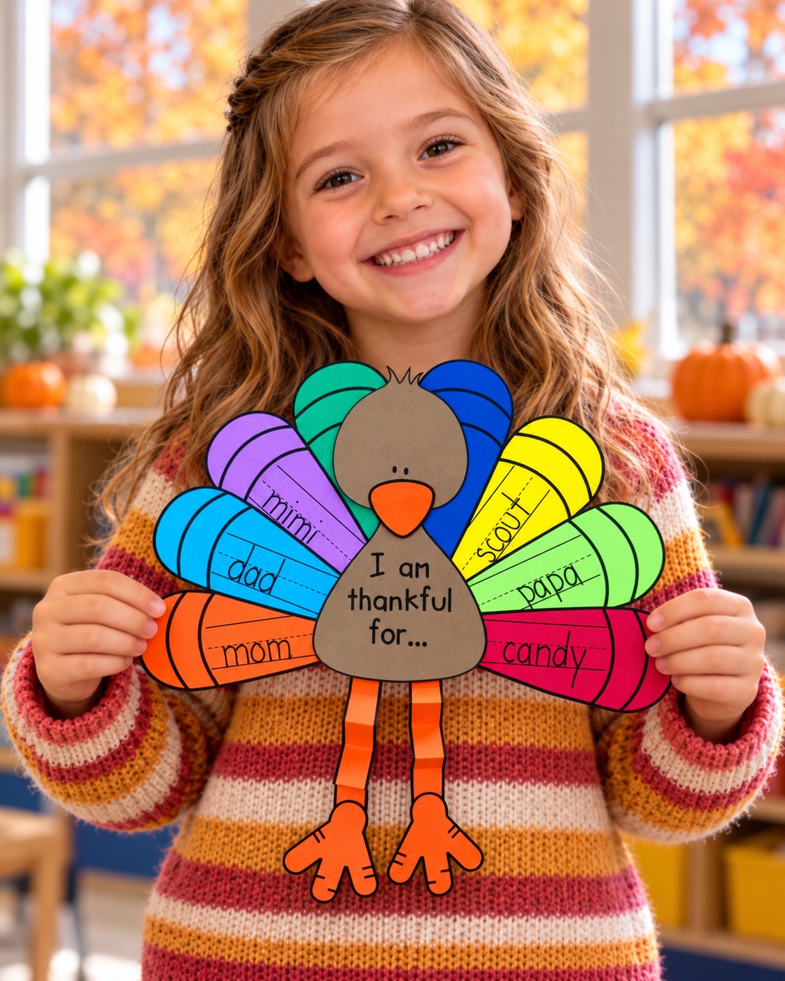 Child holding a Thankful Turkey craft with colorful feathers and long orange accordion-fold legs.