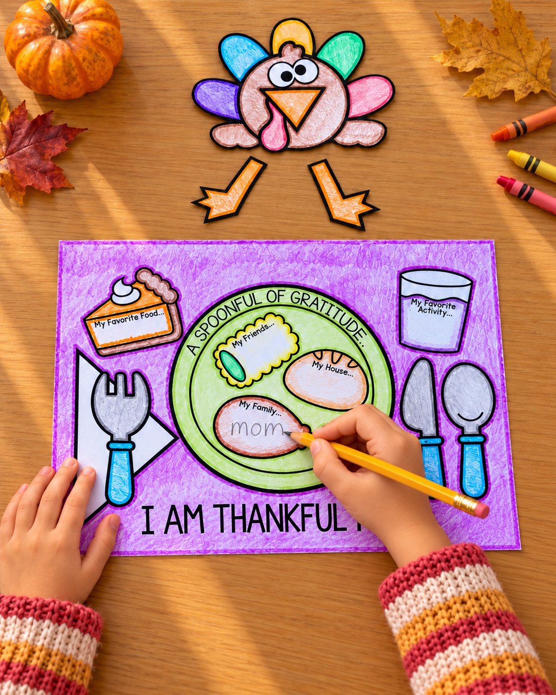 Close-up of the My Family writing space on a purple Thanksgiving placemat, with the word mom written in pencil.
