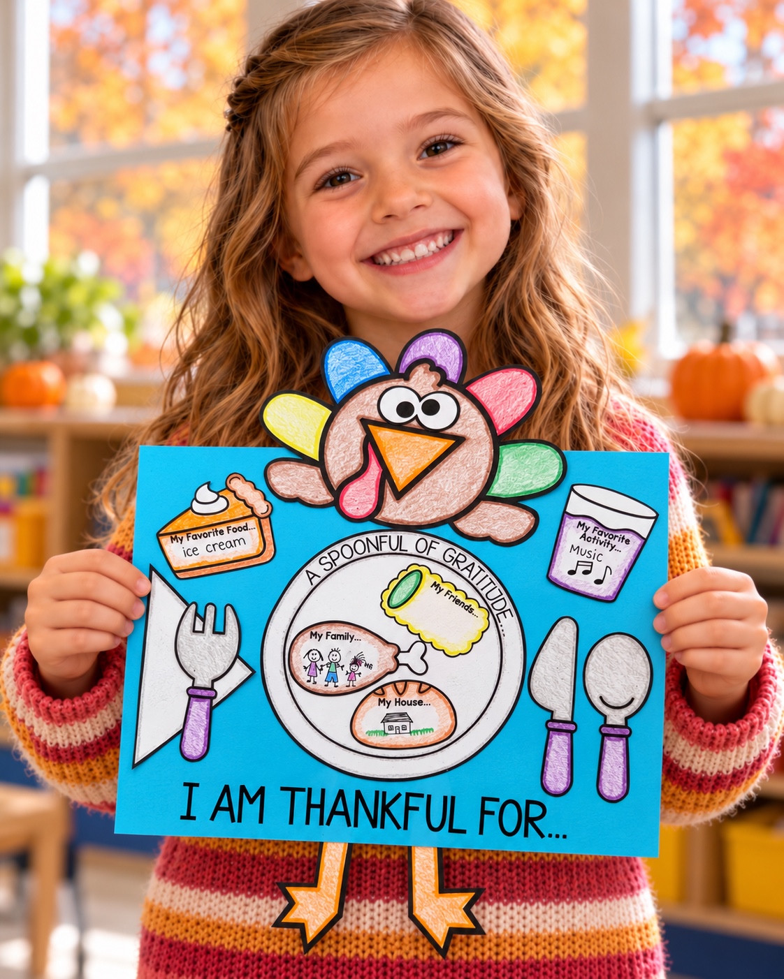 Finished Thanksgiving turkey placemat with a turquoise background, colorful feathers, and gratitude writing spaces.