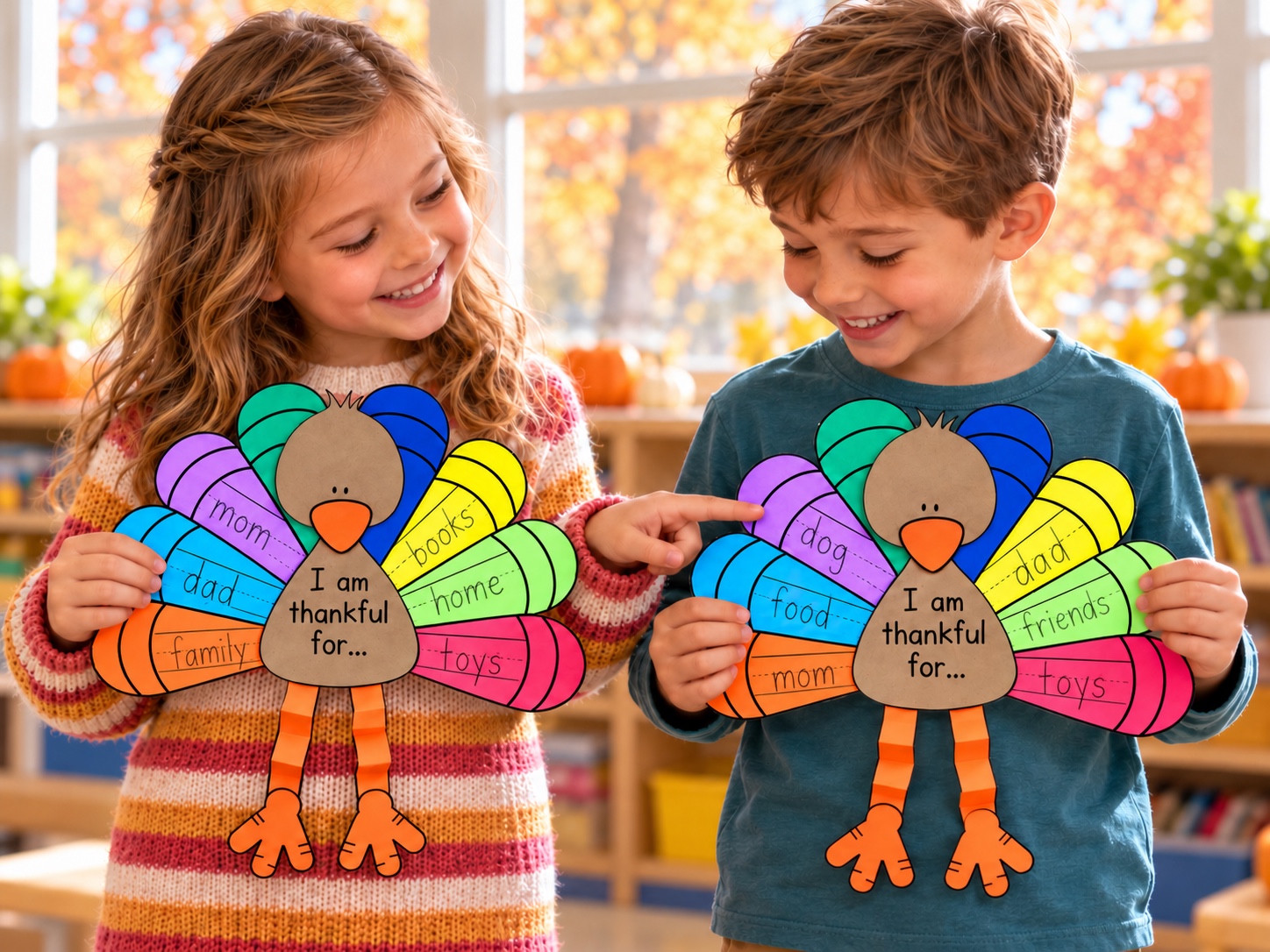 Two children holding colorful Thankful Turkey crafts and looking at the words on the feathers.
