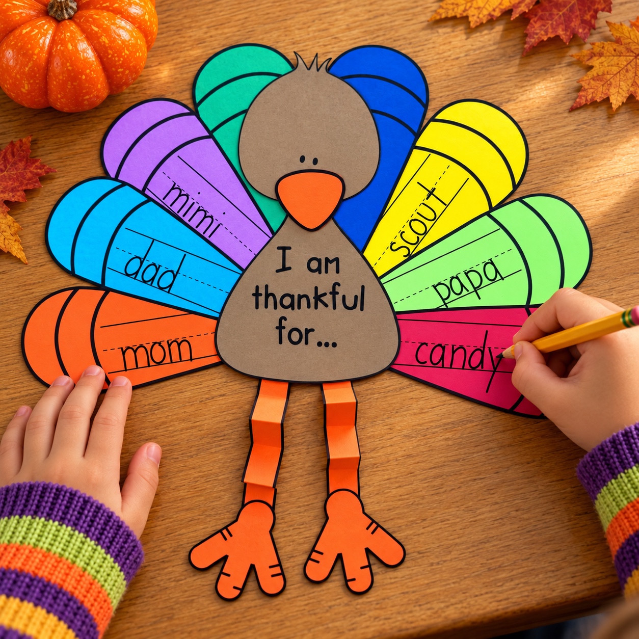 A pencil adding a thankful idea to a colorful turkey writing craft.