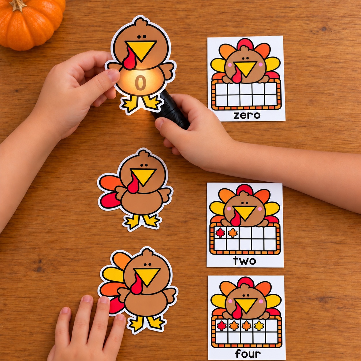 A flashlight reveals zero on a turkey beside ten-frame cards showing zero, two, and four.