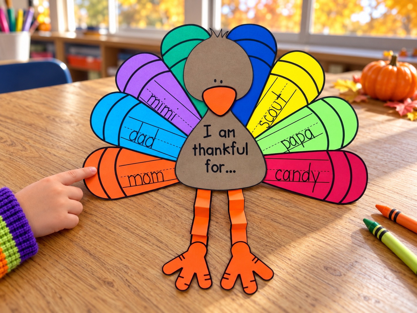 Completed Thankful Turkey with a brown body, colorful lined feathers, and folded orange paper legs.