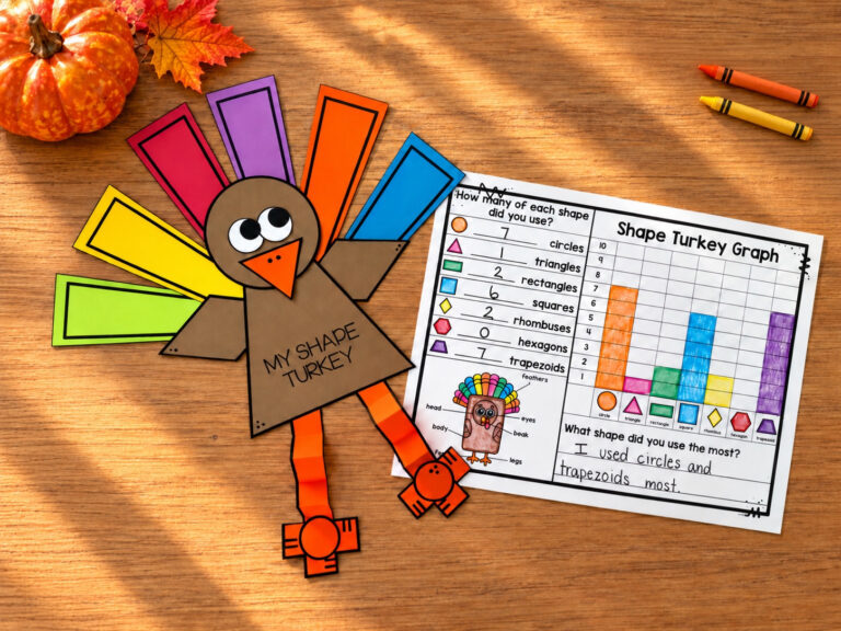 Colorful paper shape turkey with folded orange legs beside a shape recording and graphing page.