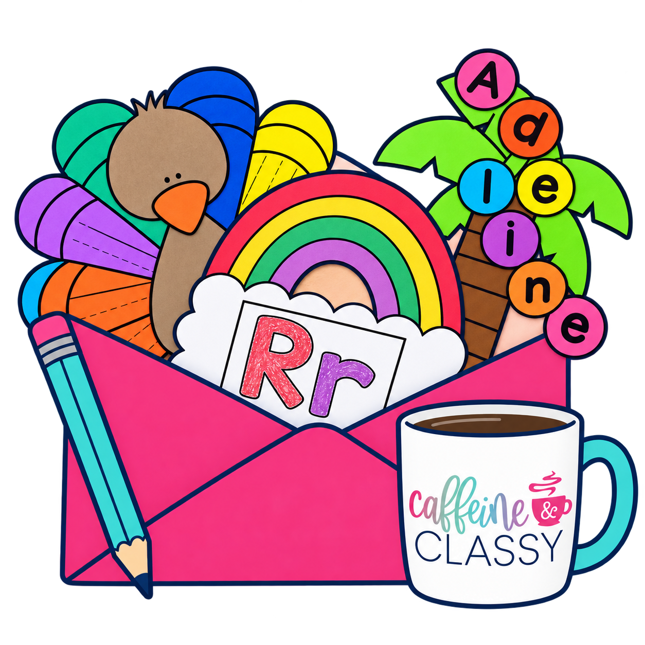 A pink newsletter envelope filled with colorful learning crafts beside a Caffeine and Classy coffee mug.