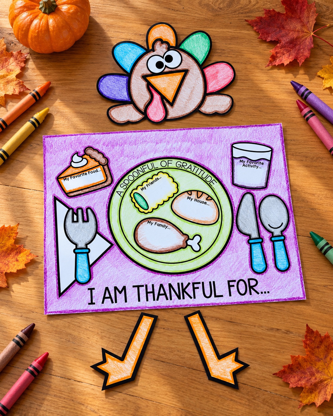 Purple Thanksgiving placemat laid out with a separate turkey head and feathers above it and two orange feet below.