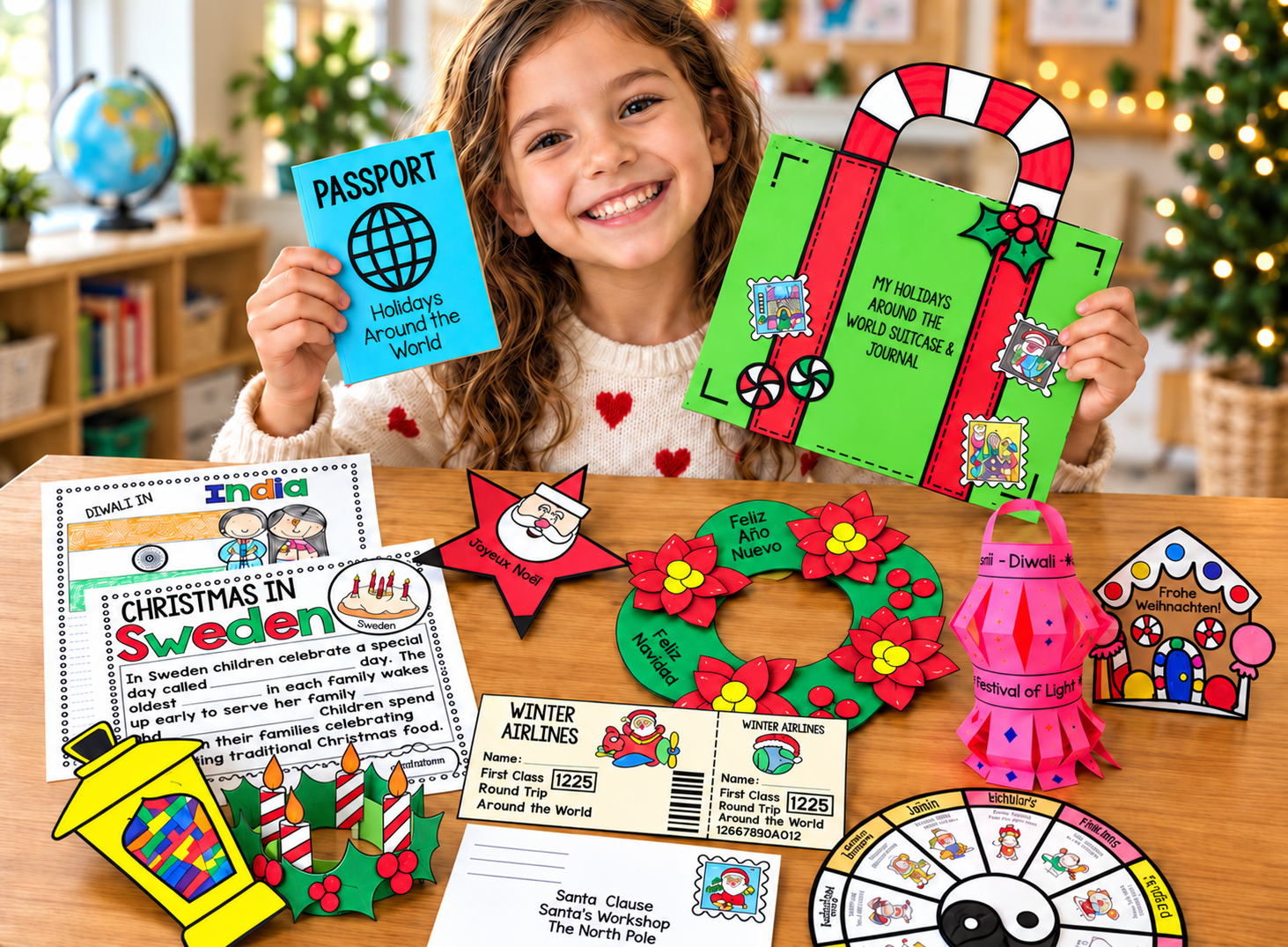Holidays Around the World passport, suitcase craft, and classroom activities.