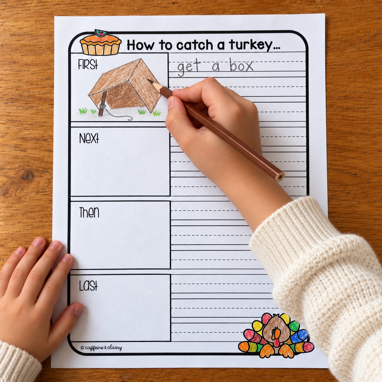 Four-part turkey planning page with a box sketch in the First section and space for Next Then and Last.