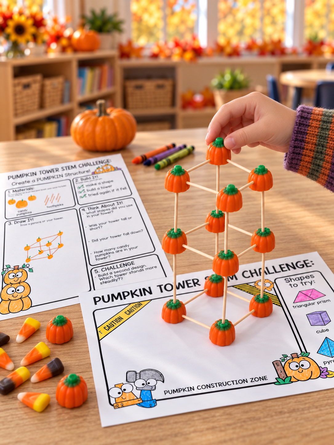 Building a tall STEM tower with candy pumpkins and toothpicks.