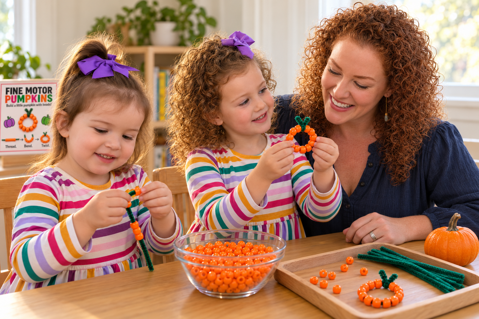 A mother and two children making orange bead pumpkins together at a learning table.