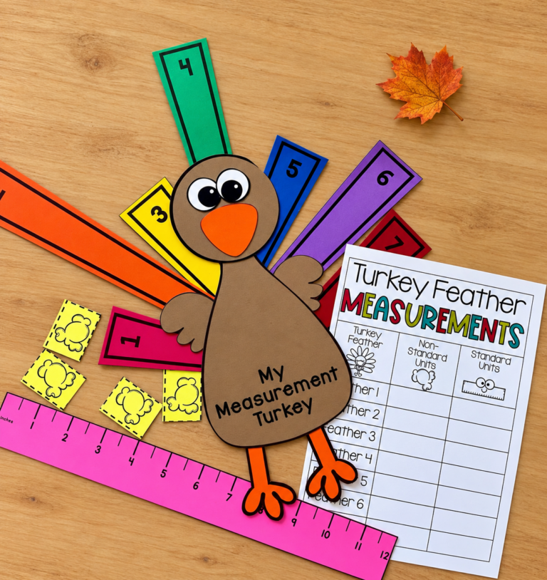 AI-staged measurement turkey with numbered feathers, a recording sheet, paper popcorn cards, and a pink printable ruler.