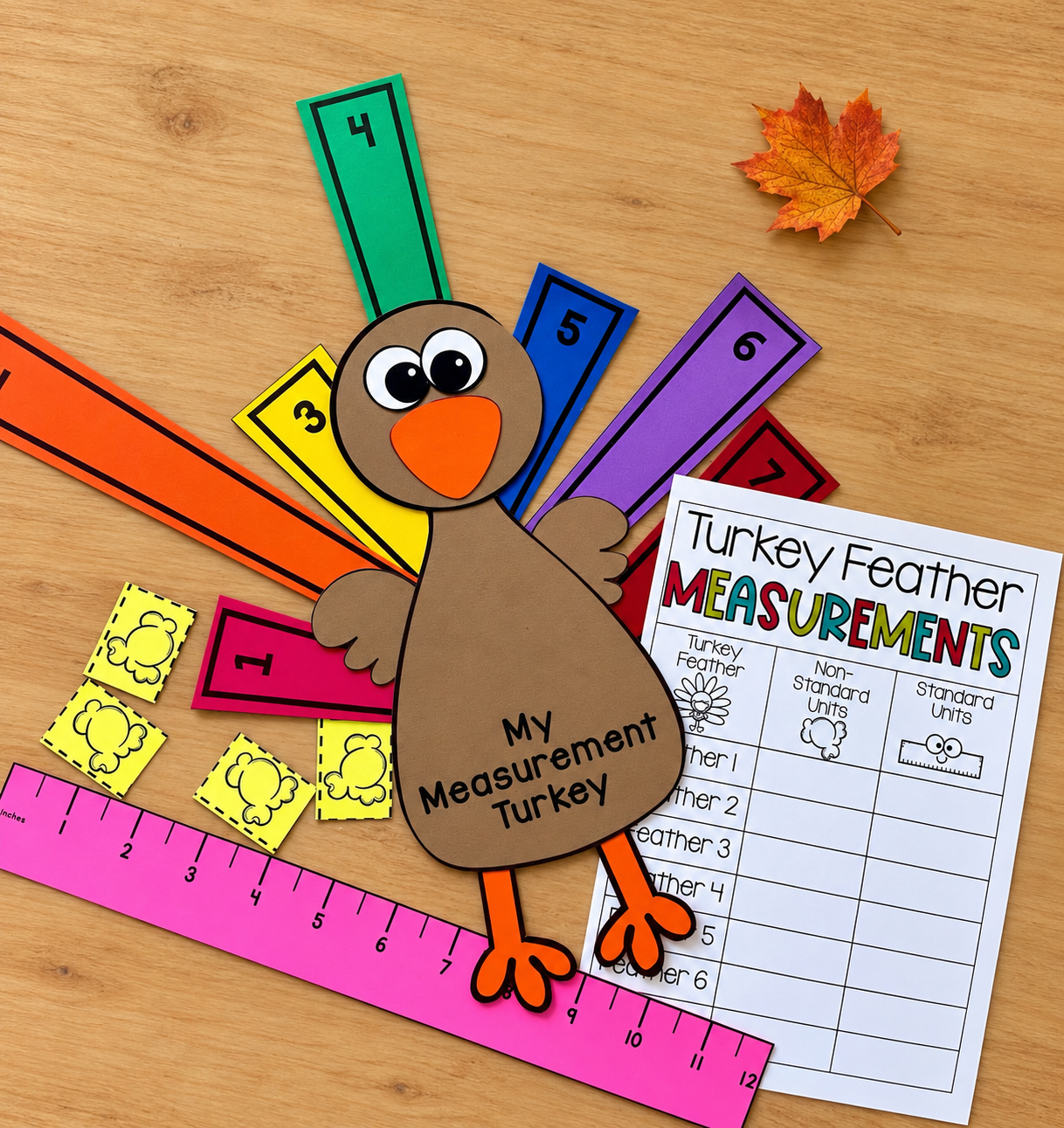 AI-staged measurement turkey with numbered feathers, a recording sheet, paper popcorn cards, and a pink printable ruler.