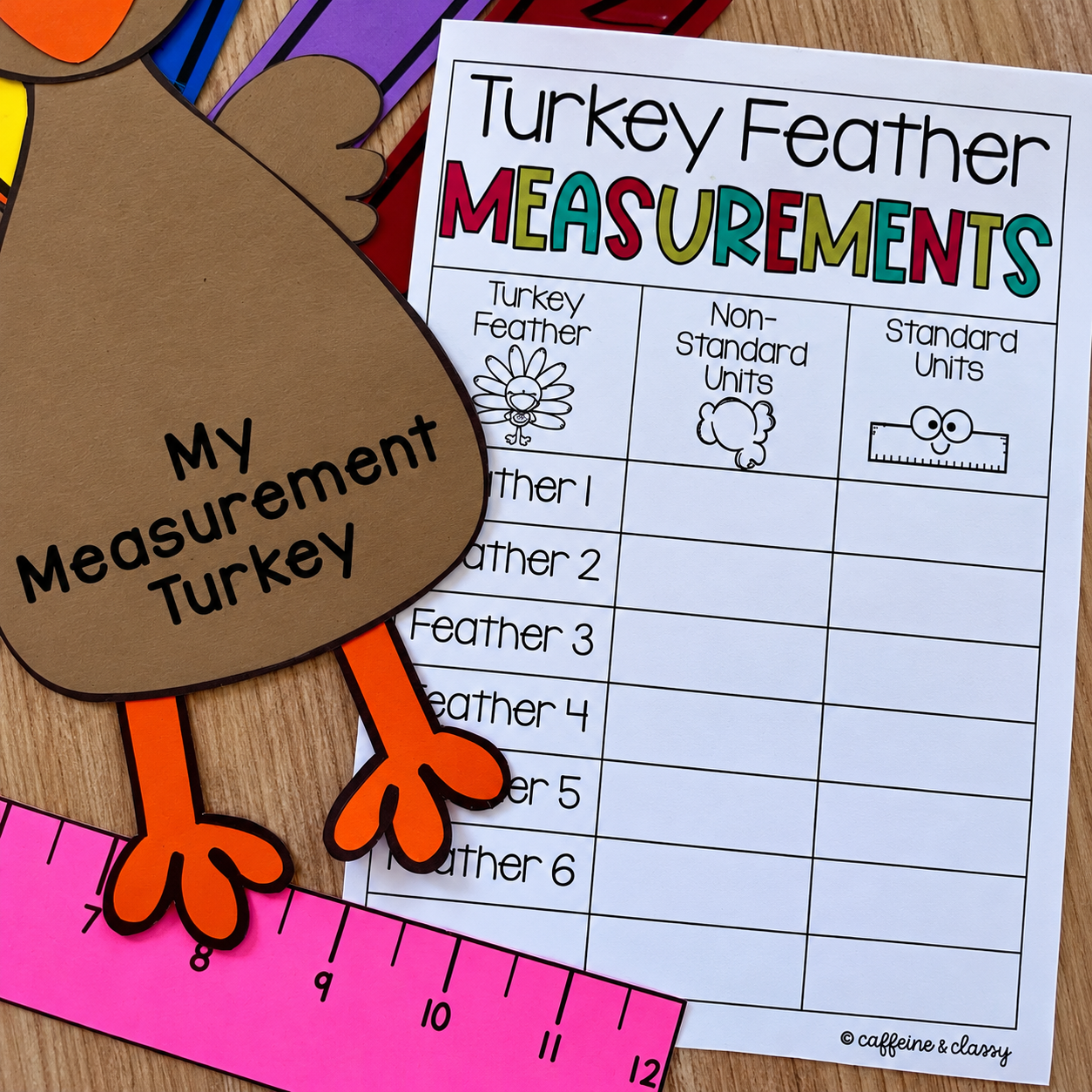AI-staged close-up of the turkey measurement recording sheet with nonstandard and standard unit columns.
